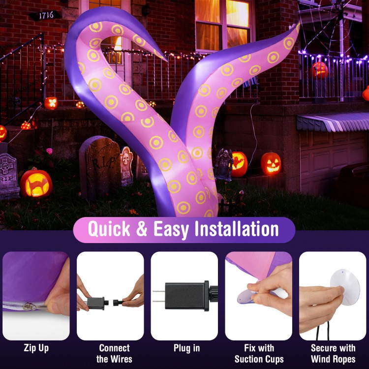 Giant 6.5 ft inflatable tentacles with LED lights, featuring suction cups for easy installation and spooky Halloween.