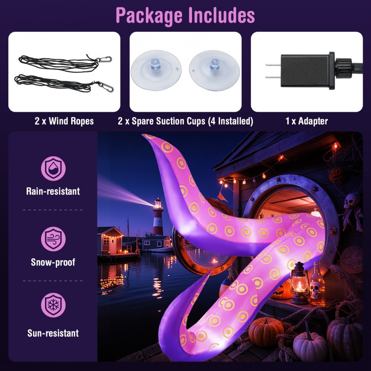 Giant 6.5 ft inflatable tentacles with LED lights and suction cups, perfect for spooky Halloween decorations.