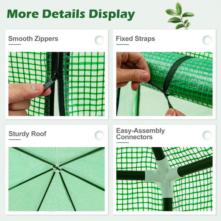 Detail shots of the mini greenhouse showing smooth zippers, fixed straps, sturdy roof, and easy-assembly connectors.