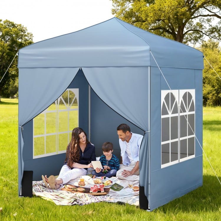 Pop up canopy tent with grey oxford cloth, featuring 4 sidewalls, ideal for outdoor picnics and events.