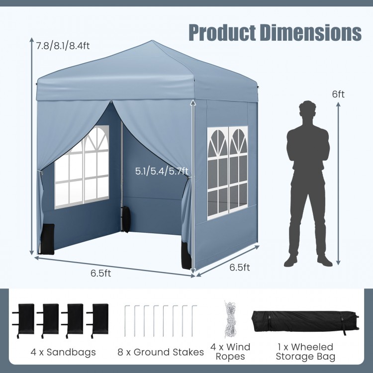 Pop up canopy tent 6.5 x 6.5 FT in grey with 4 sidewalls, ideal for outdoor events and easy transport with wheeled bag.