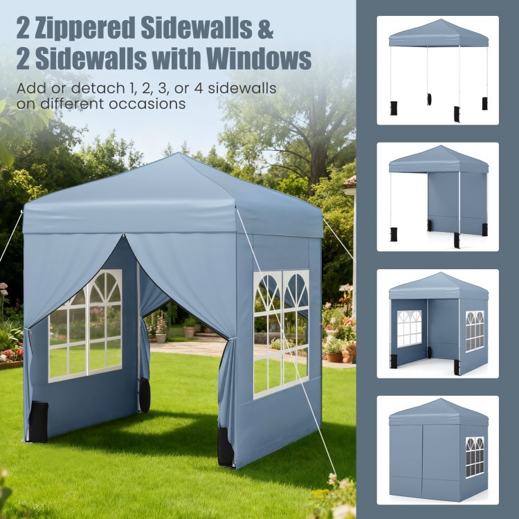 Pop up canopy tent with grey oxford cloth, 4 sidewalls, and windows, ideal for outdoor events and easy transport.