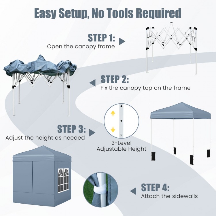 Pop up canopy tent with 4 sidewalls, grey oxford cloth, and adjustable height for outdoor events and protection.