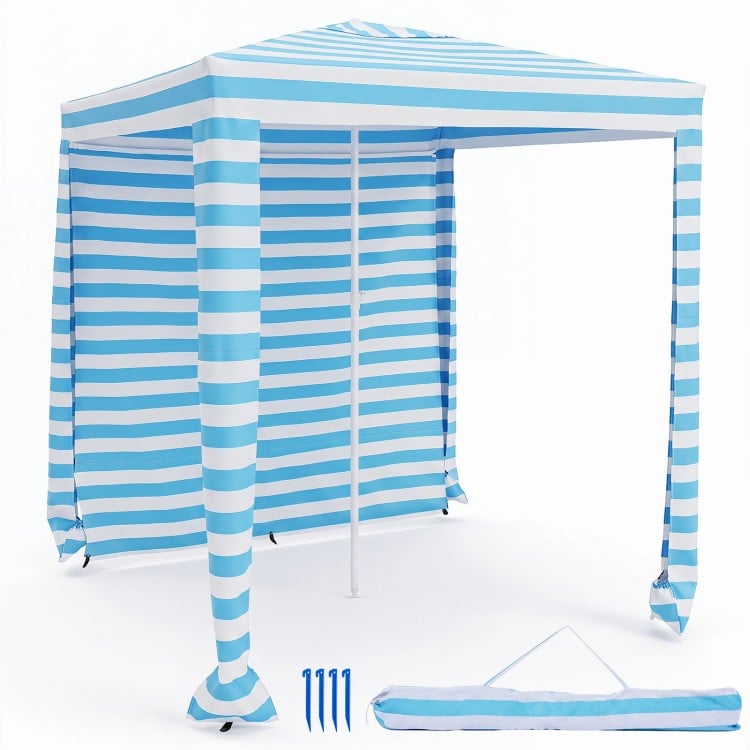Foldable 6.6 x 6.6 feet beach canopy in blue with detachable sidewall, providing sun protection and easy setup for outdoor use.