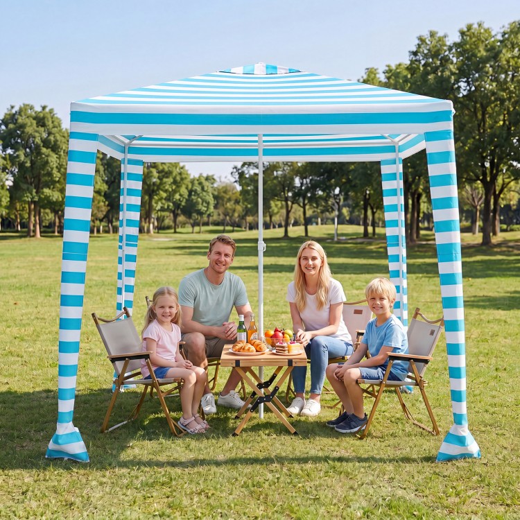Portable 6.6 x 6.6 feet beach canopy in blue provides shade for family gatherings, featuring a detachable sidewall and easy setup.