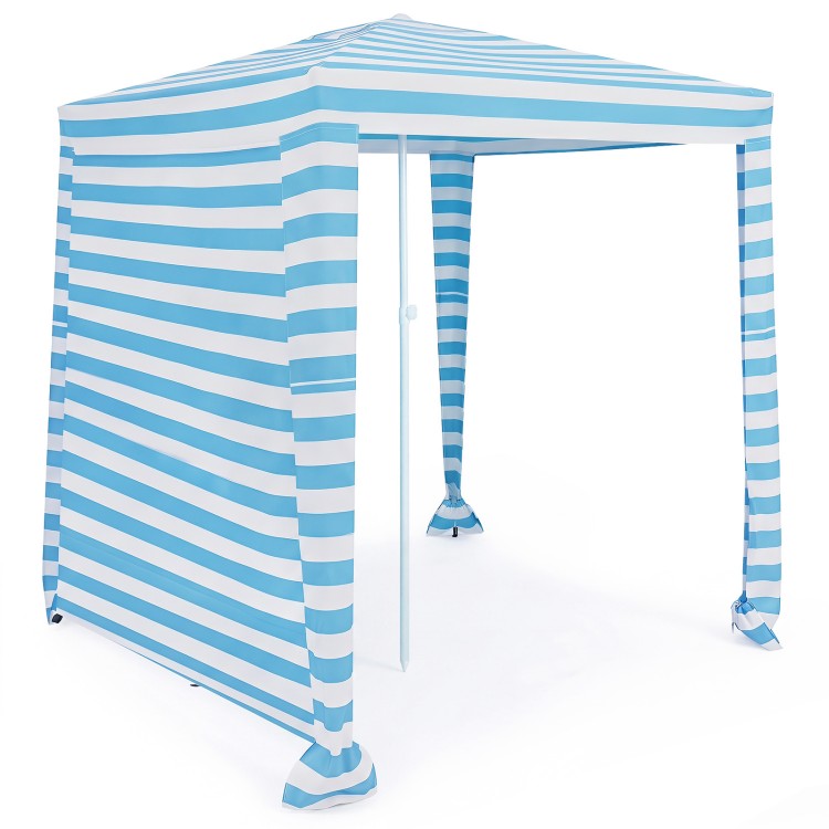 Foldable 6.6 x 6.6 feet beach canopy in blue stripes, made of waterproof polyester, ideal for outdoor shade and privacy.