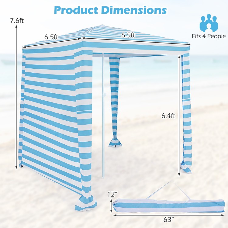 Foldable 6.6 x 6.6 feet beach canopy in blue offers sun protection and privacy, perfect for outdoor leisure with friends.