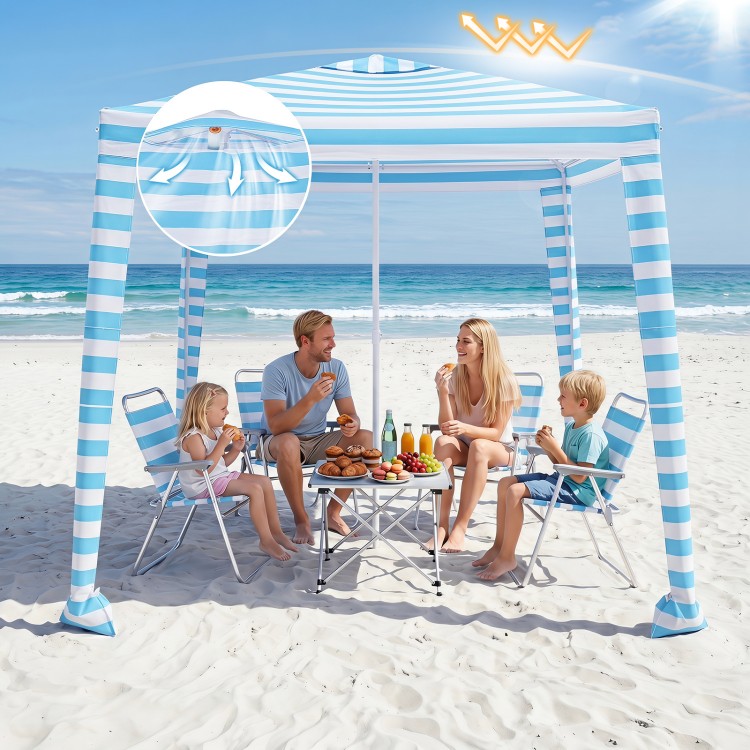 Portable 6.6 x 6.6 feet beach canopy in blue with detachable sidewall, providing sun protection and easy setup for outdoor fun.