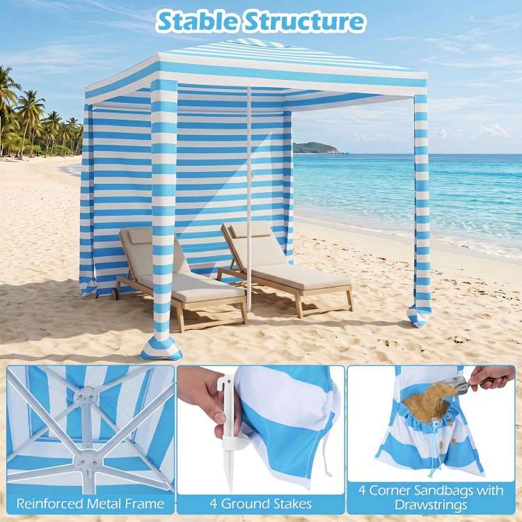 Portable 6.6 x 6.6 feet beach canopy in blue with detachable sidewall, providing sun protection and easy setup for outdoor use.