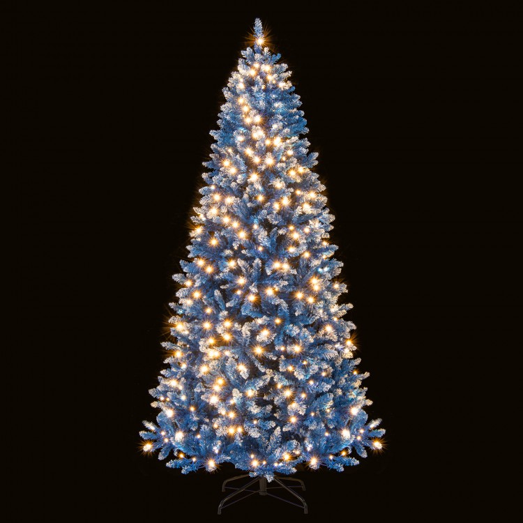 Snowy blue 7 FT artificial Christmas tree with bright 270 LED lights, showcasing a full view of its lush branches.