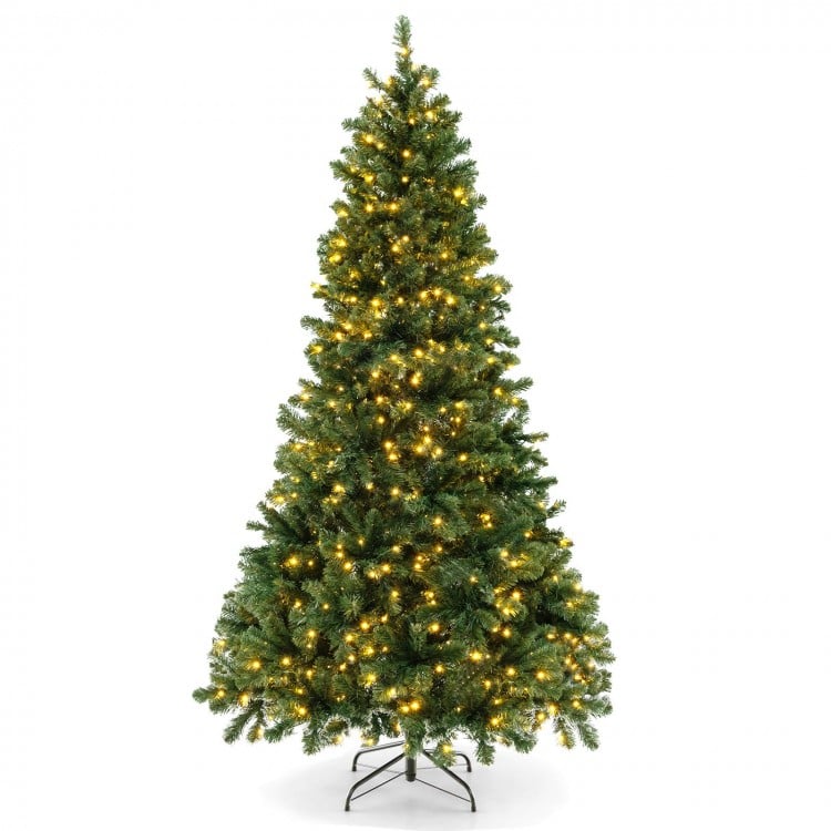 7 ft hinged Christmas tree with PVC branch tips and warm white LED lights, perfect for festive holiday decor.