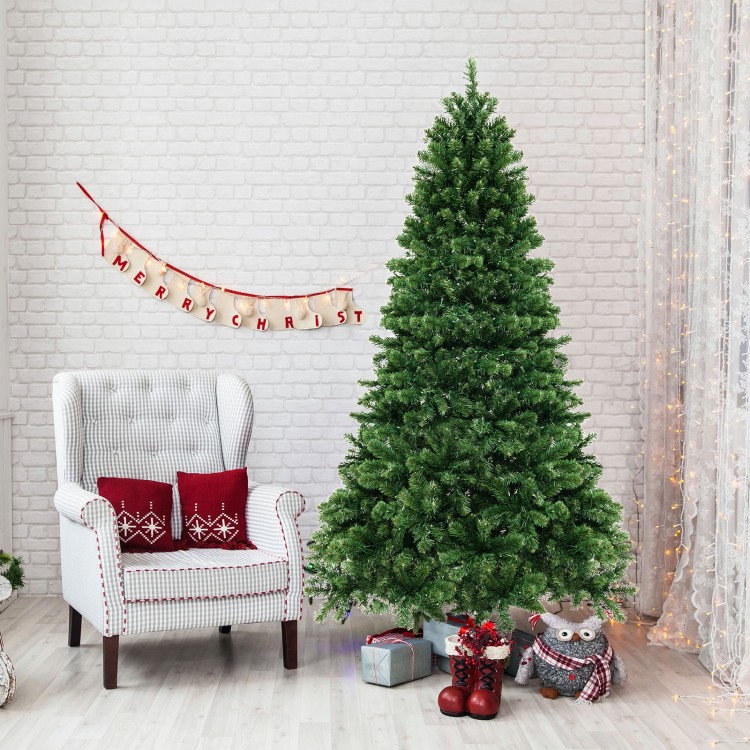 7-foot hinged Christmas tree with PVC branch tips and warm white LED lights, perfect for holiday decorating in any.