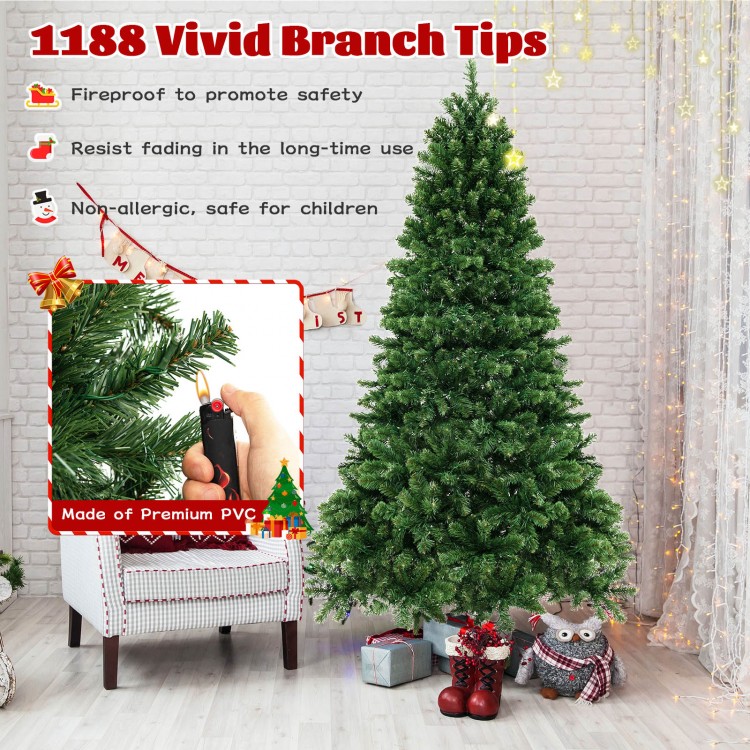 7 ft hinged Christmas tree with 1188 vivid PVC branch tips and warm white LED lights, perfect for holiday decor.