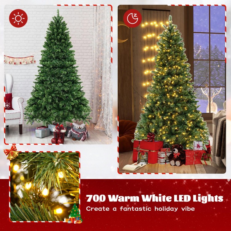 7 ft hinged Christmas tree with 700 warm white LED lights and PVC branch tips, perfect for creating a festive.