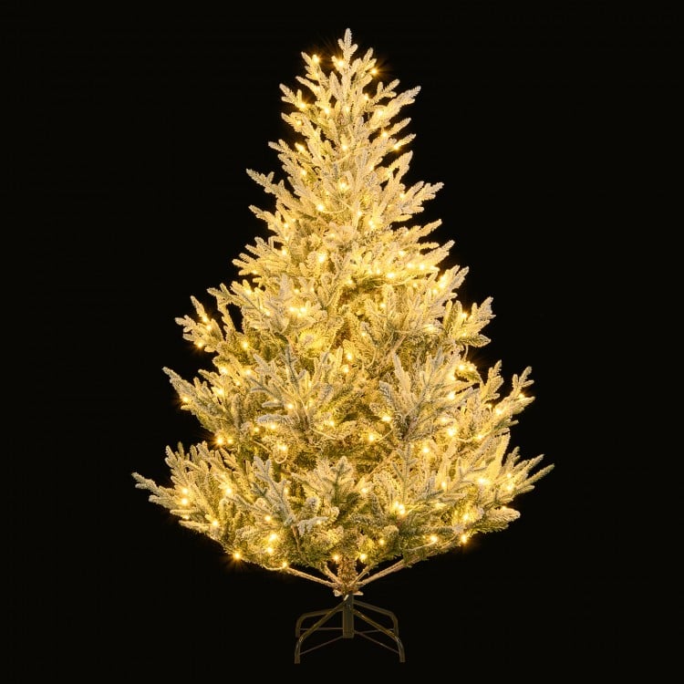 6-foot pre-lit artificial Christmas tree with snow flocking and 340 warm white LED lights, perfect for festive.