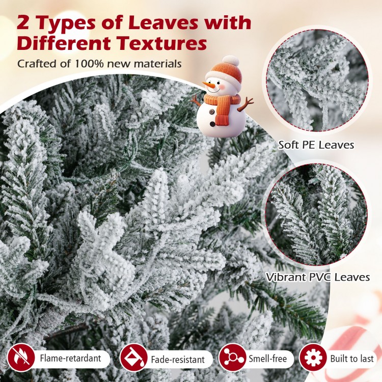 Close-up of snow-flocked leaves on a 6 ft pre-lit artificial Christmas tree, featuring soft PE and vibrant PVC textures.