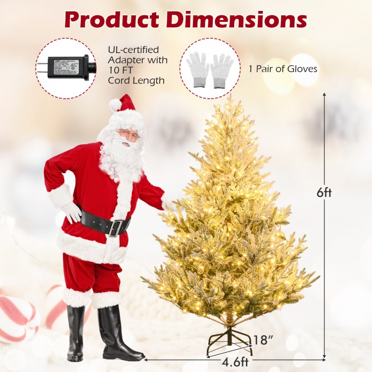 6 ft pre-lit artificial Christmas tree with snow flocking, 340 warm white LED lights, ideal for festive decorations.