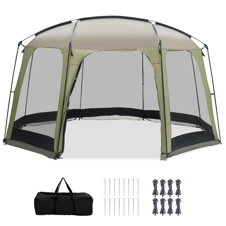 Spacious 6-8 person netted canopy tent with zippered door, sturdy metal poles, and sun protection for outdoor.