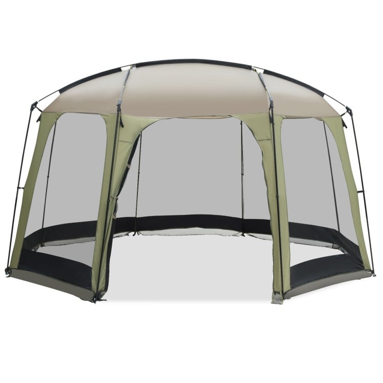 Spacious 6-8 person netted canopy tent with zippered door, featuring robust metal poles and sun protection for outdoor.