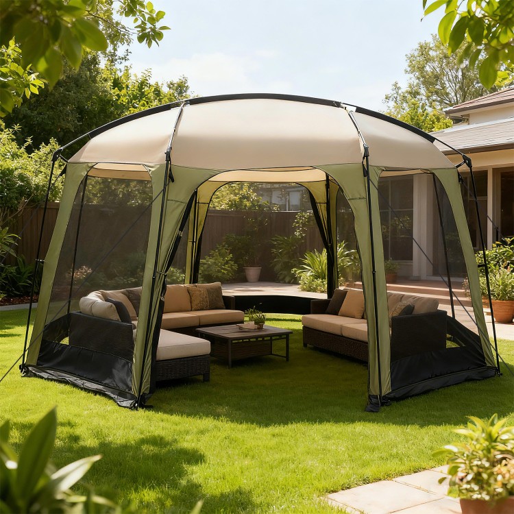 Spacious 6-8 person netted canopy tent with zippered door, featuring robust metal poles and mesh for airflow in a.