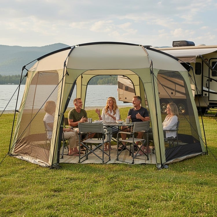Spacious 6-8 person netted canopy tent with zippered door, ideal for outdoor gatherings and airflow.