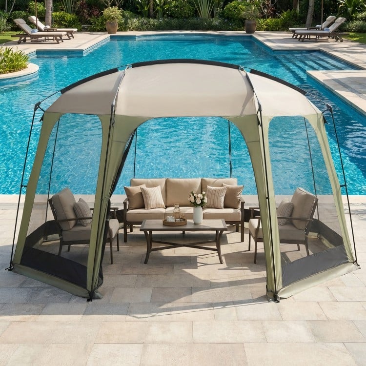 Netted canopy tent for 6-8 people with zippered door, set up by the pool, featuring robust metal poles and mesh sides.