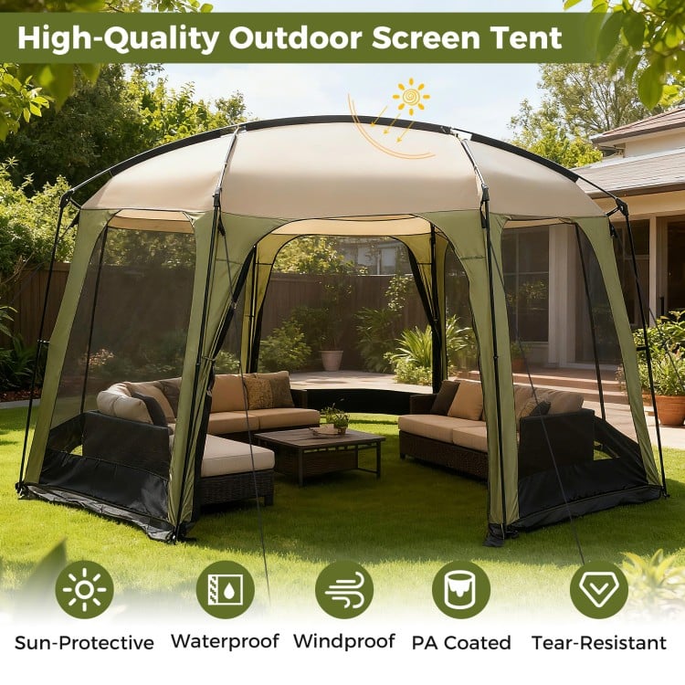 Spacious 6-8 person netted canopy tent with zippered door, featuring sun protection and robust metal poles for.