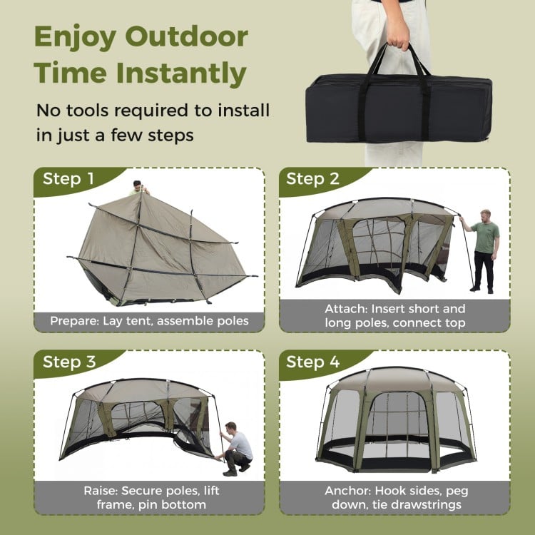 6-8 person netted canopy tent with zippered door, showcasing assembly steps and spacious design for outdoor gatherings.
