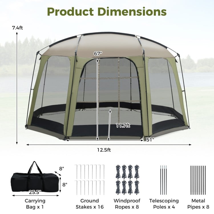 Netted canopy tent dimensions showing 6-8 person capacity, featuring a zippered door and robust metal poles for.