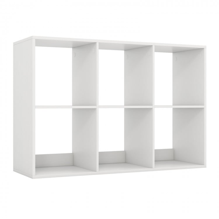White 6-cube bookshelf with back guardrail, perfect for storing books and decorations in living room or bedroom.
