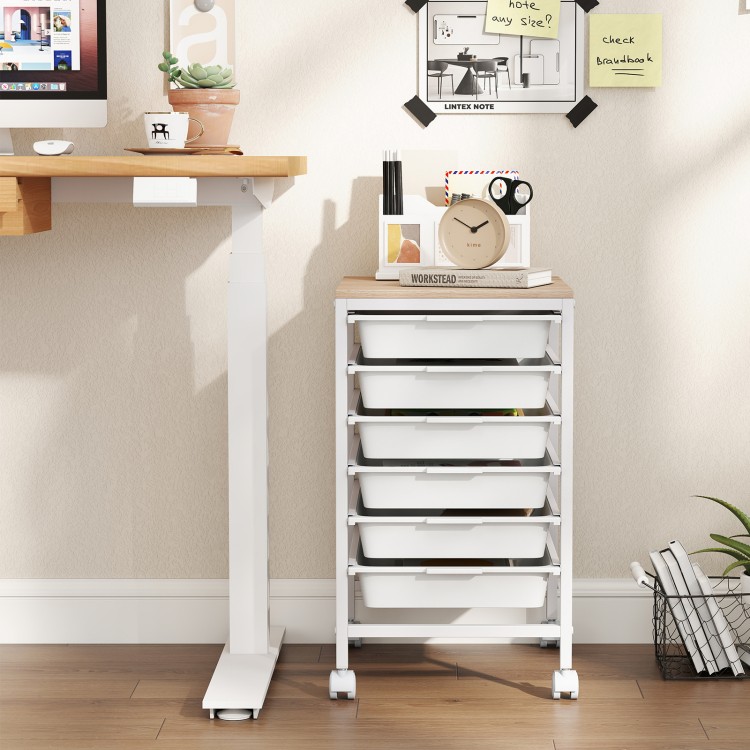 6-drawer rolling storage cart with wooden tabletop, white finish, ideal for organizing office supplies in any space.