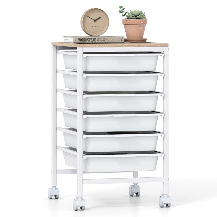6-drawer rolling storage cart with white drawers and wooden tabletop, ideal for office or craft organization.