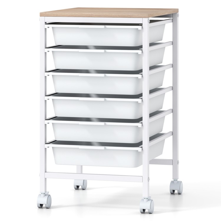 6-drawer rolling storage cart with white drawers and wooden tabletop, ideal for organizing office or craft supplies.