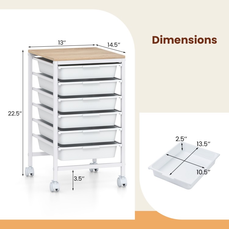 6-drawer rolling storage cart with wooden tabletop, white finish, ideal for organizing office and craft supplies.