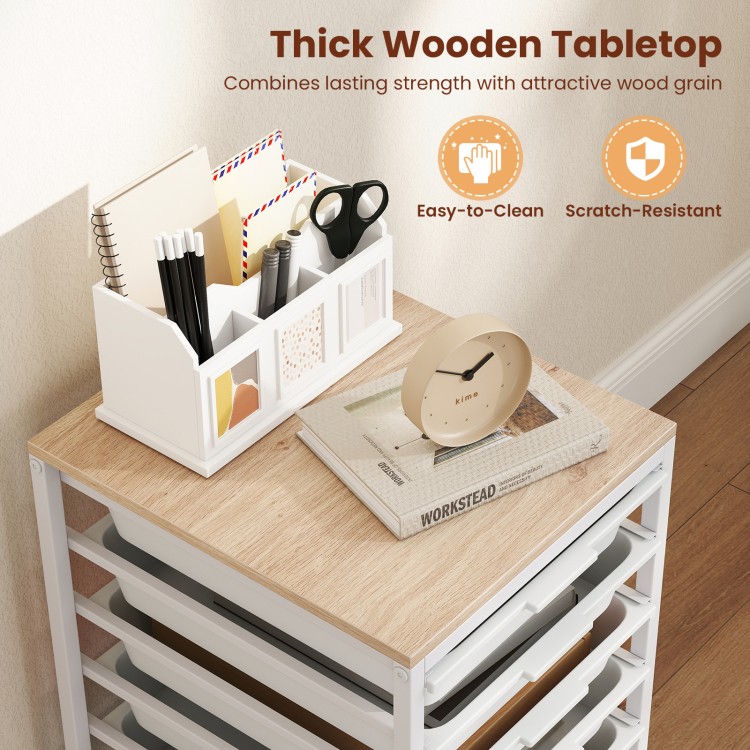 6-drawer rolling storage cart with thick wooden tabletop, featuring a white metal frame, ideal for office organization.