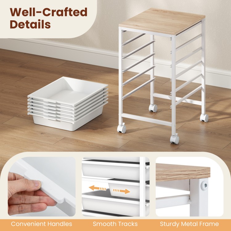 6-drawer rolling storage cart with white metal frame and wooden tabletop, ideal for office or craft organization.