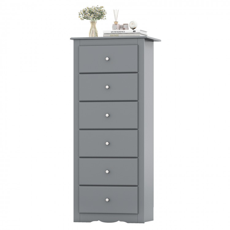 Gray 6-drawer chest dresser with smooth metal glides and elegant design, perfect for bedroom or living room storage.