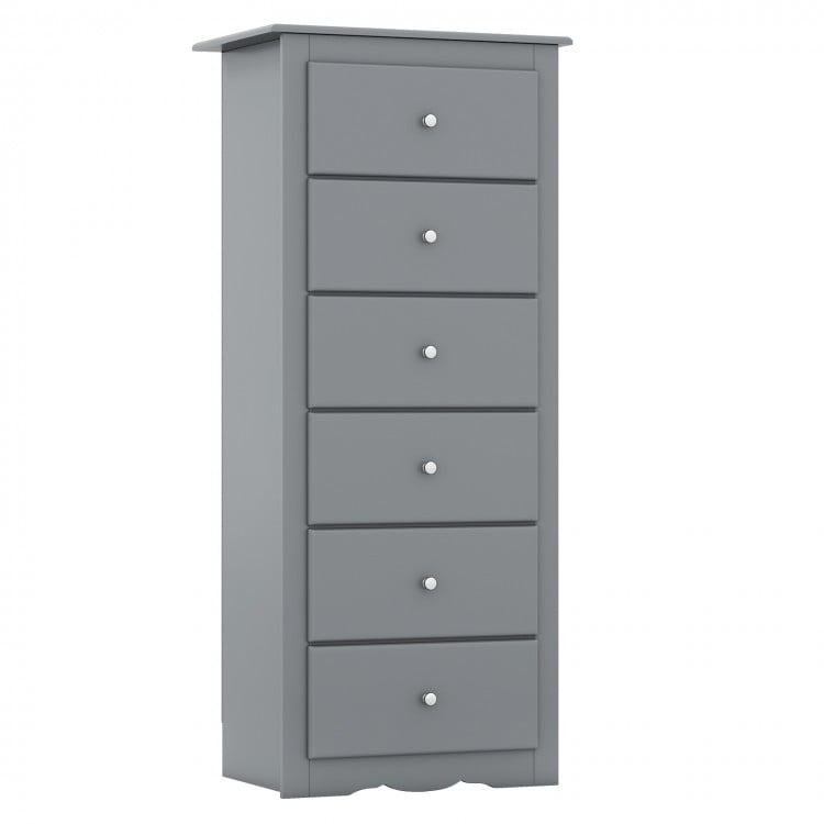 Gray 6-drawer chest dresser with metal knobs and smooth sliders, perfect for stylish bedroom storage and organization.