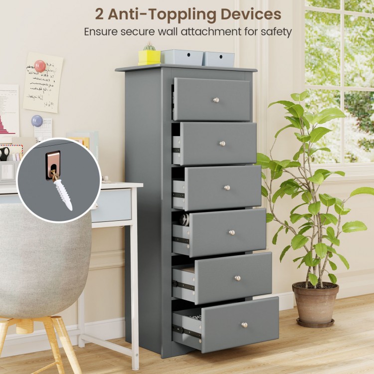 Gray 6-drawer chest dresser with smooth metal glides and anti-tipping devices, ideal for bedroom or office storage.