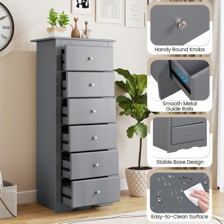 Gray 6-drawer chest dresser with smooth metal glides and elegant knobs, perfect for bedroom or living room storage.