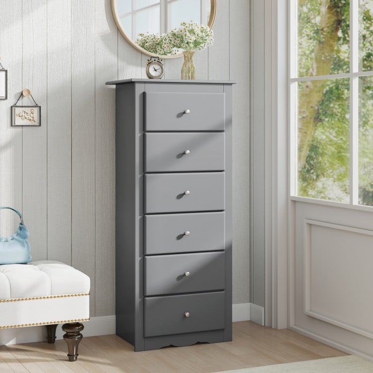 Gray 6-drawer chest dresser with metal knobs and smooth sliders, ideal for bedroom or living room storage solutions.
