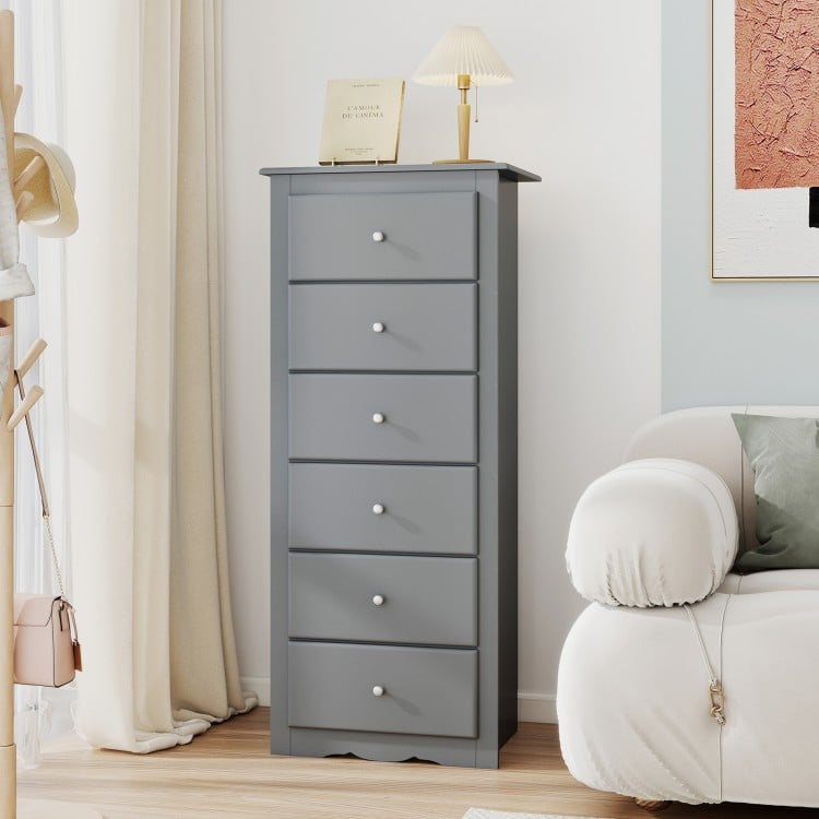 Vertical gray 6-drawer chest dresser featuring a spacious top for additional storage, ideal for organizing clothes in.