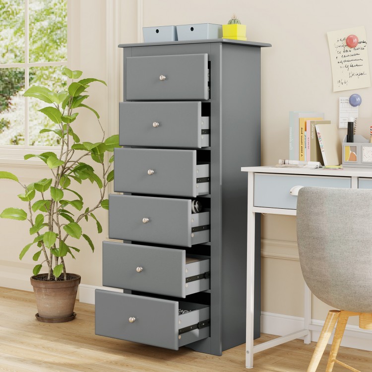 Gray 6-drawer chest dresser with smooth metal glides and elegant knobs, ideal for bedroom or office storage.