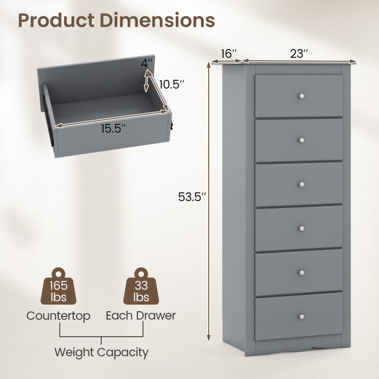 6-drawer chest dresser in gray with smooth metal glides and stylish design, perfect for bedroom storage solutions.
