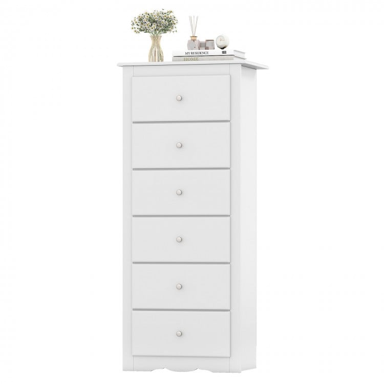 White 6-drawer chest dresser with smooth metal glides and exquisite knobs, ideal for bedroom or living room storage.