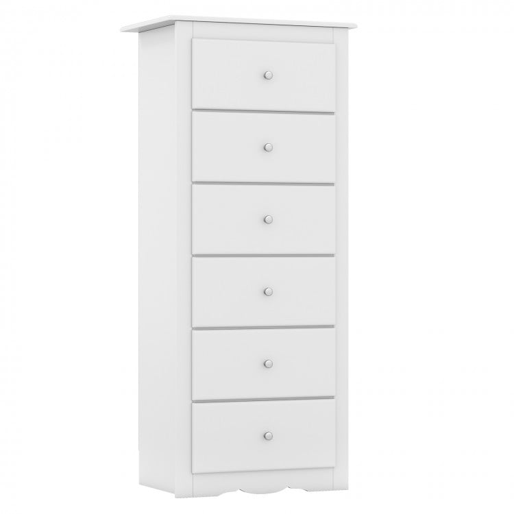 White 6-drawer chest dresser with smooth metal glides and elegant design, perfect for bedroom or living room storage.