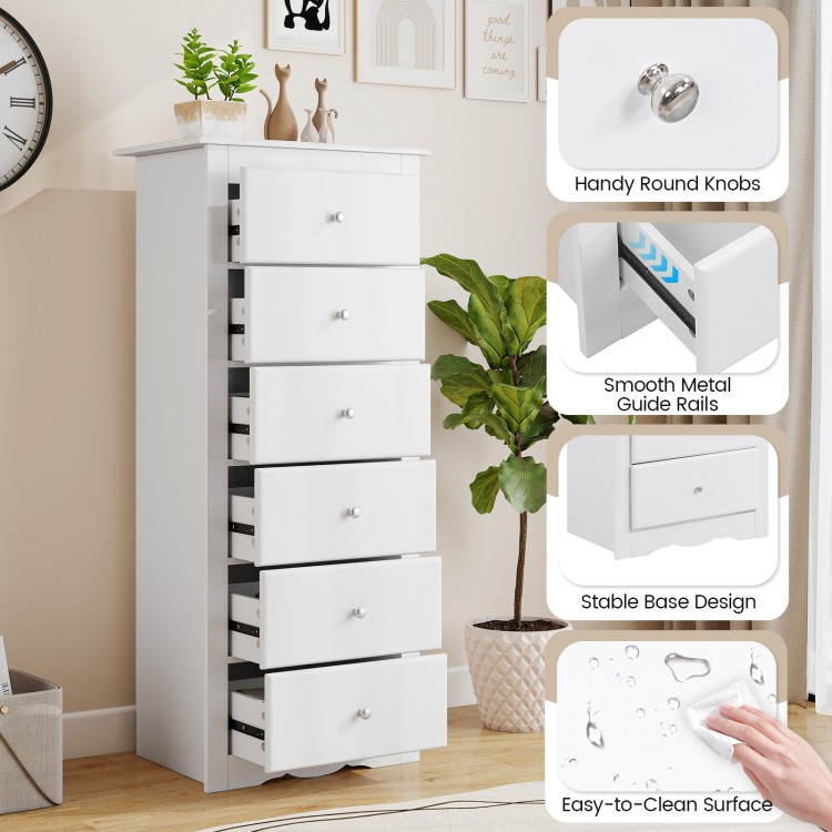 6-drawer chest dresser in white with smooth metal glides and elegant knobs, perfect for bedroom or living room storage.