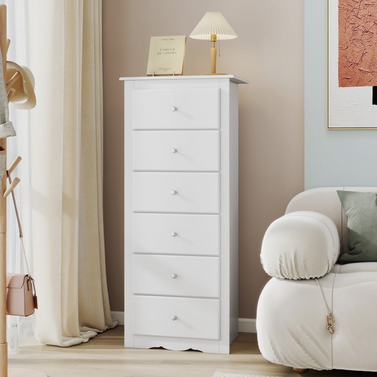 Elegant white 6-drawer chest dresser featuring a compact design and stylish wave bottom, perfect for space-saving.
