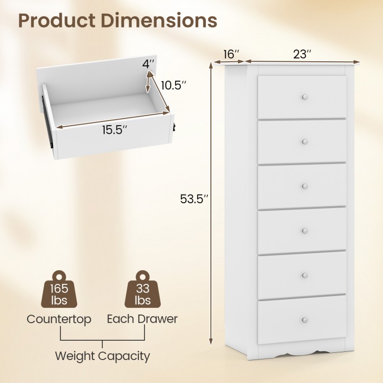 White 6-drawer chest dresser with smooth metal glides, elegant design, and ample storage for bedroom or office use.