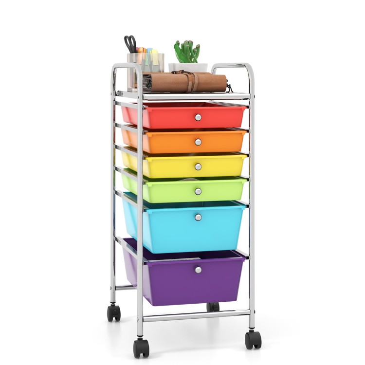 Rolling storage cart with 6 colorful plastic drawers and a sturdy metal frame, ideal for organizing office or home.